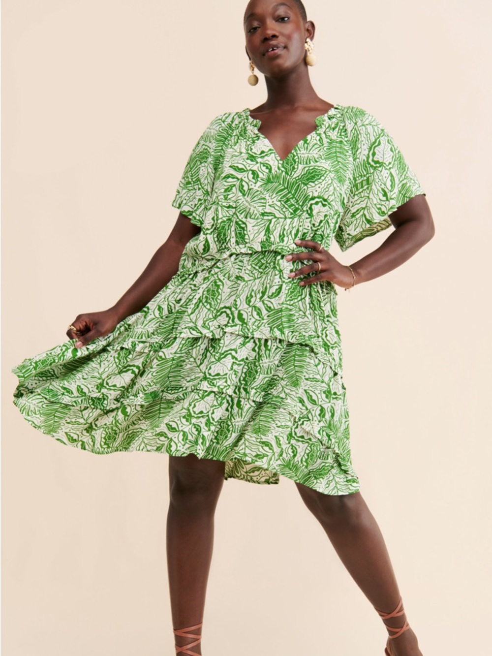 Anthropologie Robin Tiered Green White Printed V-Neck Dress